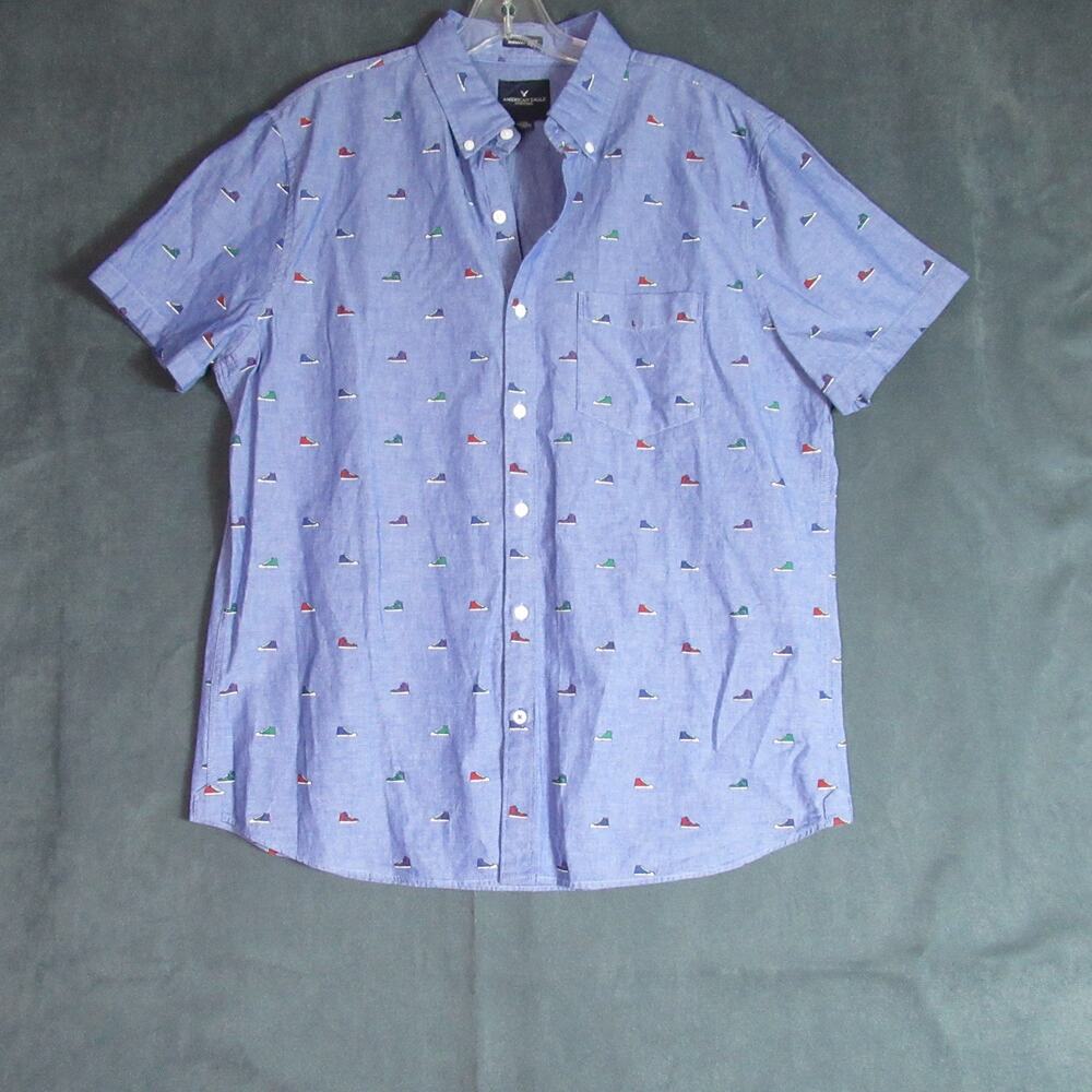 American Eagle Shirt Mens Large Blue Seriously Soft Sneakers Camp Short Sleeve